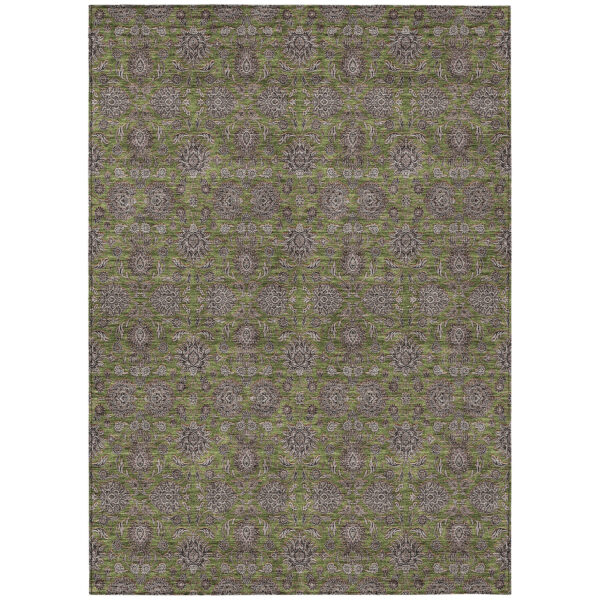 5' X 8' Olive Green Beige And Taupe Floral Washable Indoor Outdoor Area Rug