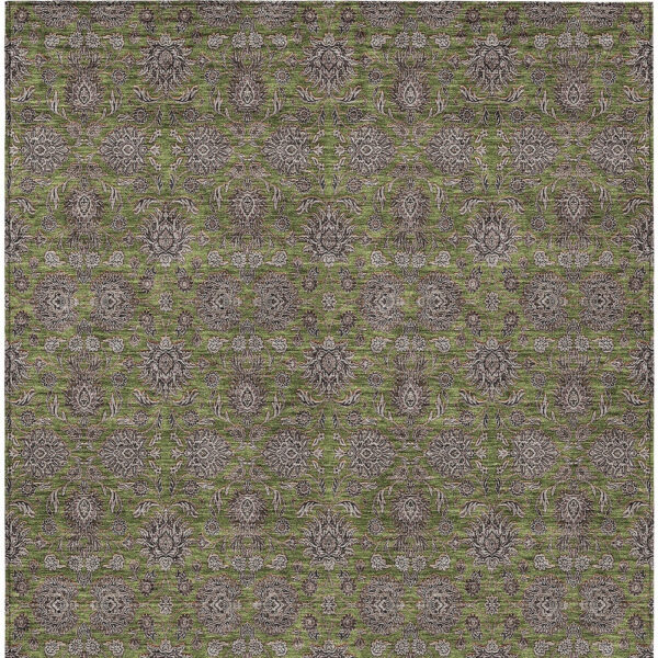 5' X 8' Olive Green Beige And Taupe Floral Washable Indoor Outdoor Area Rug