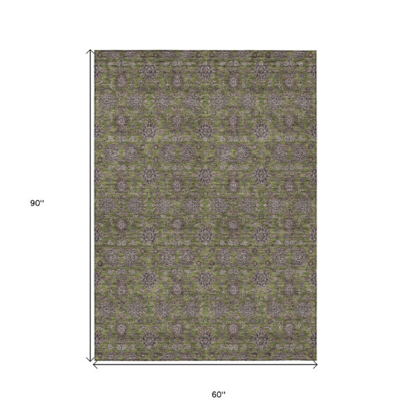 5' X 8' Olive Green Beige And Taupe Floral Washable Indoor Outdoor Area Rug
