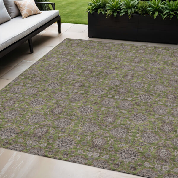 5' X 8' Olive Green Beige And Taupe Floral Washable Indoor Outdoor Area Rug