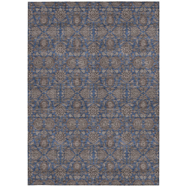 9' X 12' Navy Blue Beige And Taupe Floral Washable Indoor Outdoor Area Rug