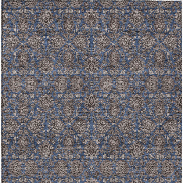 9' X 12' Navy Blue Beige And Taupe Floral Washable Indoor Outdoor Area Rug