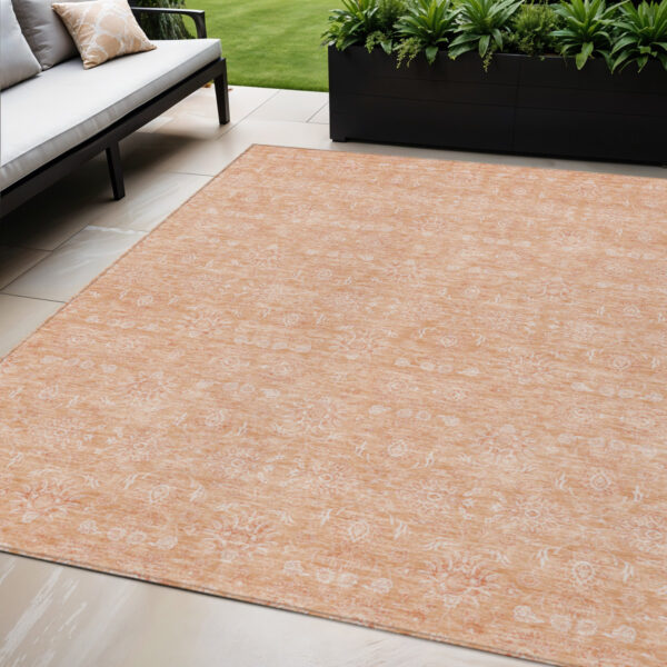 5' X 8' Peach And Ivory Floral Washable Indoor Outdoor Area Rug