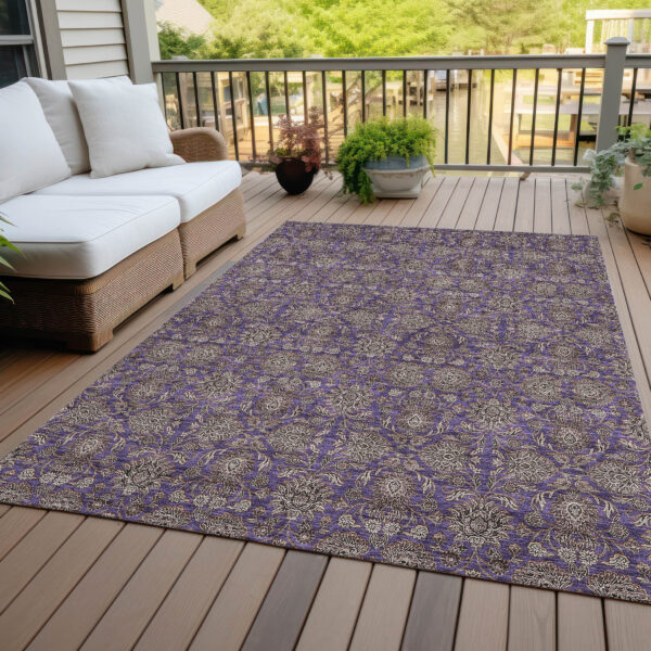 9' X 12' Purple Beige And Taupe Floral Washable Indoor Outdoor Area Rug