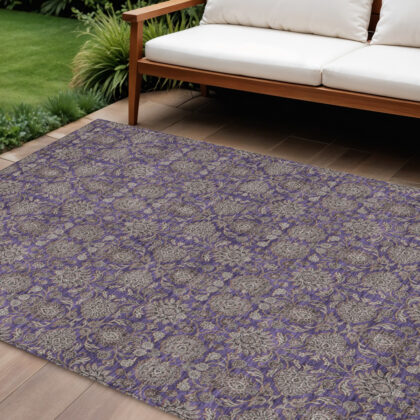 9' X 12' Purple Beige And Taupe Floral Washable Indoor Outdoor Area Rug