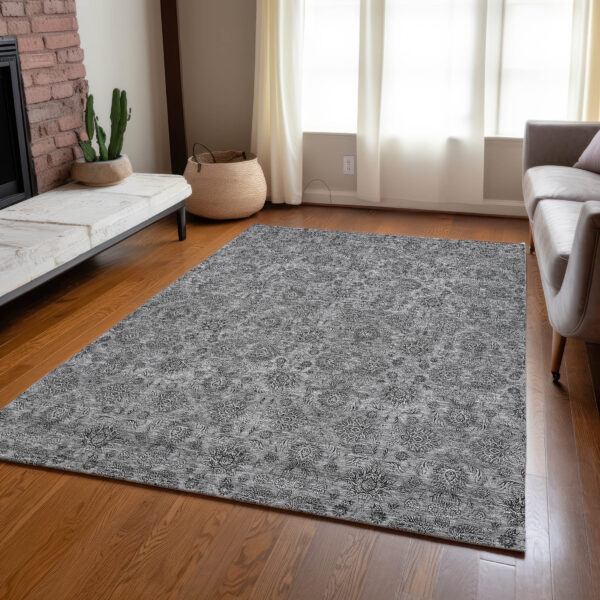 5' X 8' Gray Silver And Charcoal Floral Washable Indoor Outdoor Area Rug