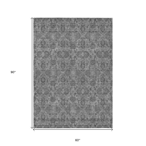 5' X 8' Gray Silver And Charcoal Floral Washable Indoor Outdoor Area Rug