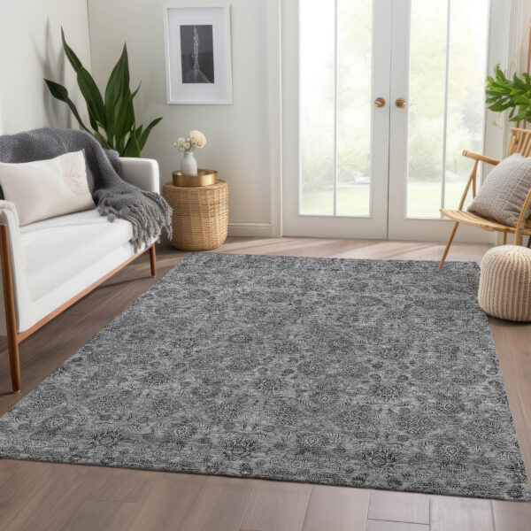 5' X 8' Gray Silver And Charcoal Floral Washable Indoor Outdoor Area Rug