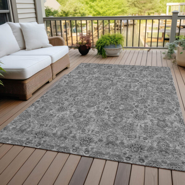 5' X 8' Gray Silver And Charcoal Floral Washable Indoor Outdoor Area Rug