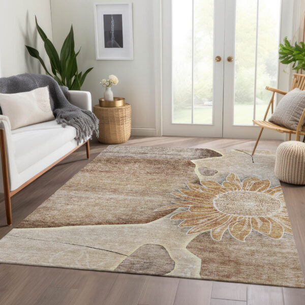 5' X 8' Brown Beige And Taupe Floral Washable Indoor Outdoor Area Rug