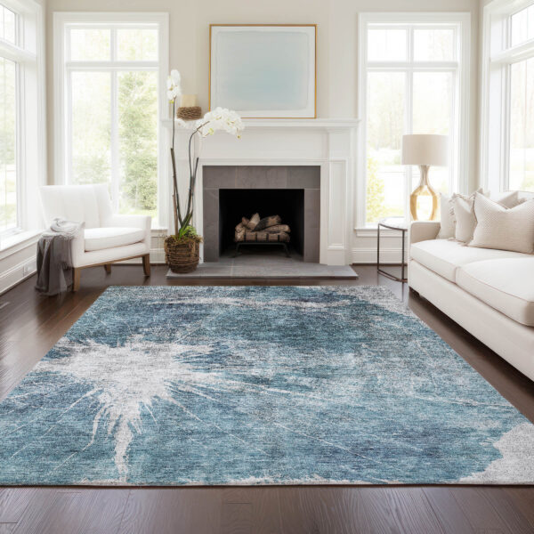 10' X 14' Teal Blue Navy Blue And Gray Abstract Washable Indoor Outdoor Area Rug