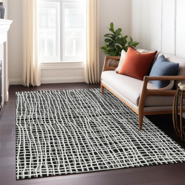 9' X 12' Black Gray And Ivory Striped Washable Indoor Outdoor Area Rug
