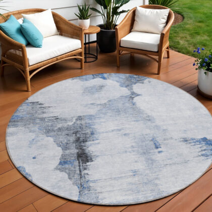 8' Navy Blue And Ivory Round Abstract Washable Indoor Outdoor Area Rug