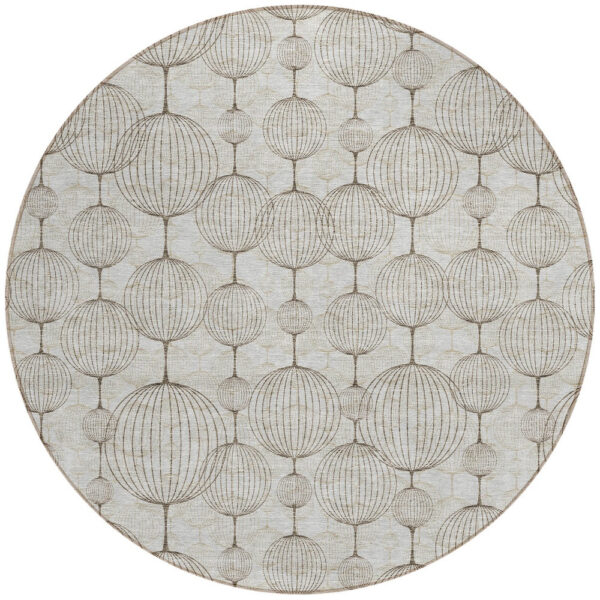 8' Beige And Brown Round Geometric Washable Indoor Outdoor Area Rug