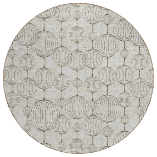 8' Beige And Brown Round Geometric Washable Indoor Outdoor Area Rug