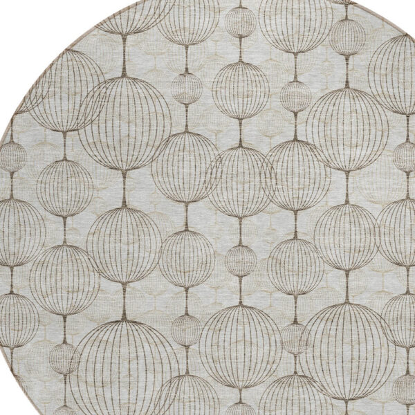 8' Beige And Brown Round Geometric Washable Indoor Outdoor Area Rug