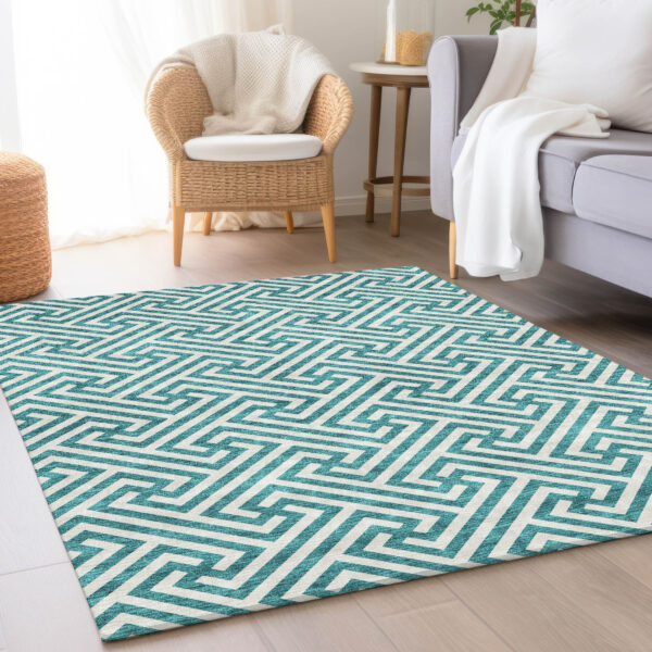 8' X 10' Teal Blue And Ivory Geometric Washable Indoor Outdoor Area Rug