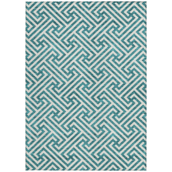 8' X 10' Teal Blue And Ivory Geometric Washable Indoor Outdoor Area Rug
