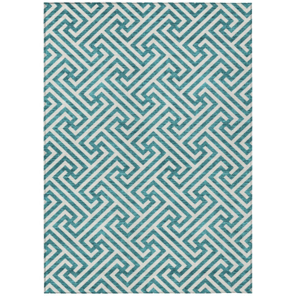 8' X 10' Teal Blue And Ivory Geometric Washable Indoor Outdoor Area Rug