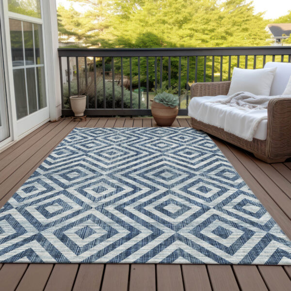 3' X 5' Navy Blue And Ivory Geometric Washable Indoor Outdoor Area Rug