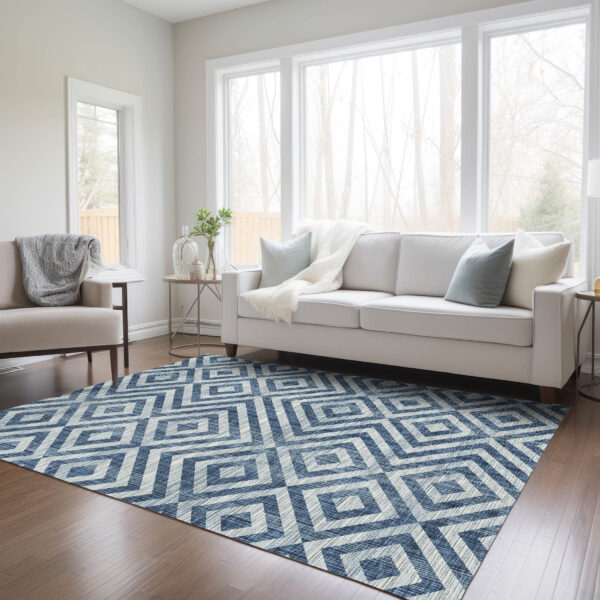 3' X 5' Navy Blue And Ivory Geometric Washable Indoor Outdoor Area Rug