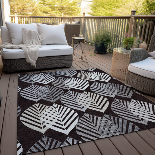8' X 10' Black Silver And Charcoal Floral Washable Indoor Outdoor Area Rug