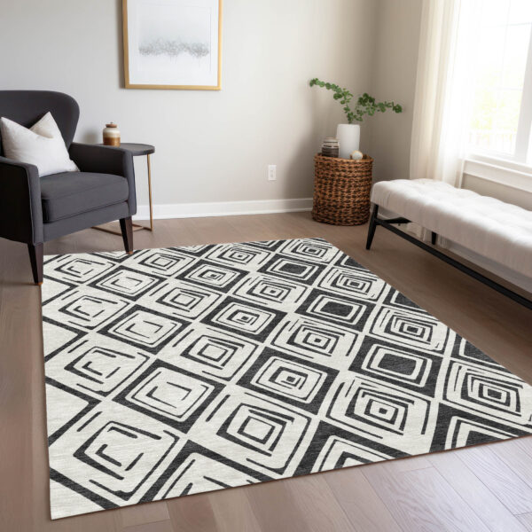 8' X 10' Ivory And Black Geometric Washable Indoor Outdoor Area Rug