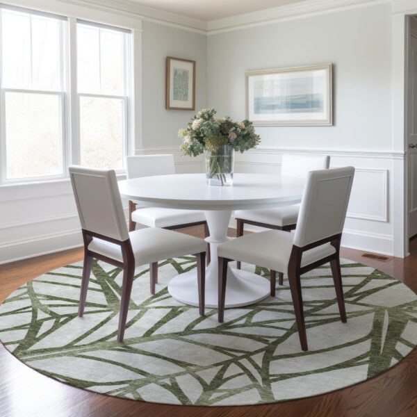 8' Olive Green And Beige Round Floral Washable Indoor Outdoor Area Rug
