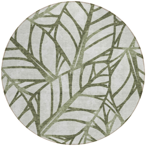 8' Olive Green And Beige Round Floral Washable Indoor Outdoor Area Rug