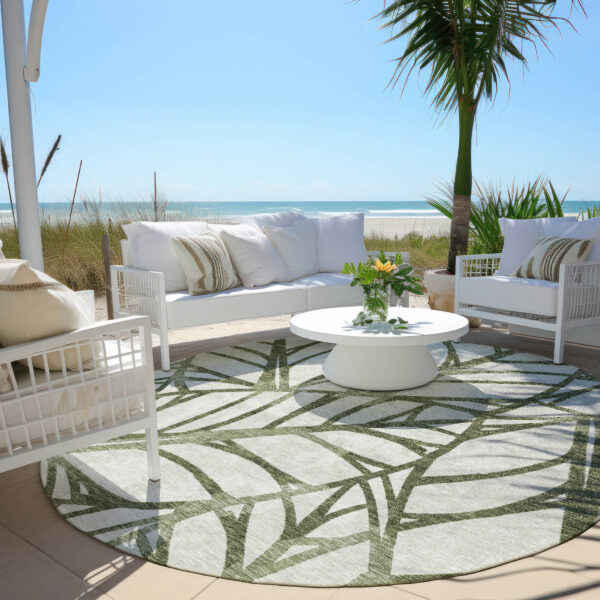 8' Olive Green And Beige Round Floral Washable Indoor Outdoor Area Rug