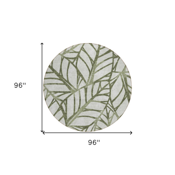 8' Olive Green And Beige Round Floral Washable Indoor Outdoor Area Rug