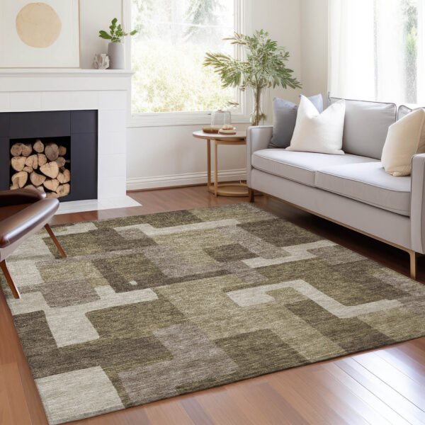 3' X 5' Brown And Beige Abstract Washable Indoor Outdoor Area Rug