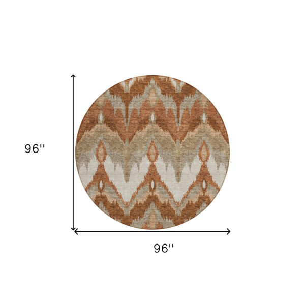 8' Orange Beige And Copper Round Ikat Washable Indoor Outdoor Area Rug