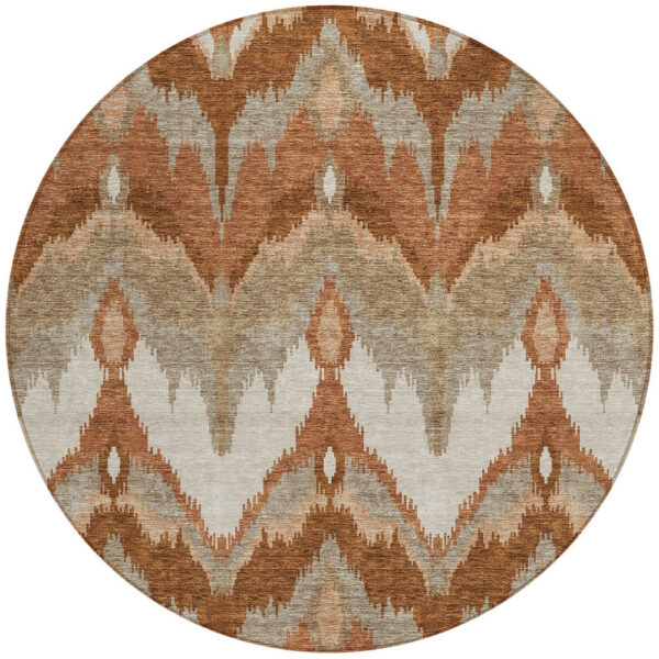 8' Orange Beige And Copper Round Ikat Washable Indoor Outdoor Area Rug