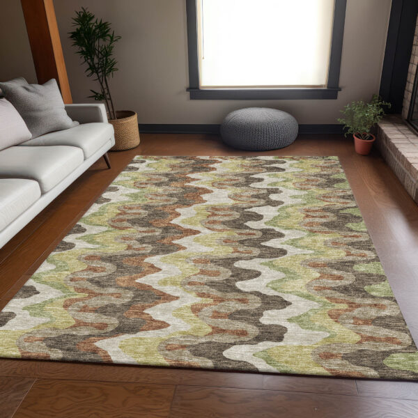 3' X 5' Chocolate Copper And Artichoke Green Abstract Washable Indoor Outdoor Area Rug