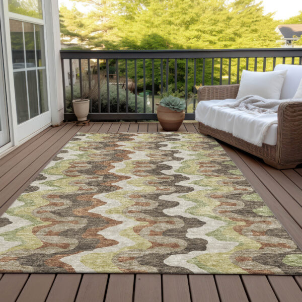 3' X 5' Chocolate Copper And Artichoke Green Abstract Washable Indoor Outdoor Area Rug