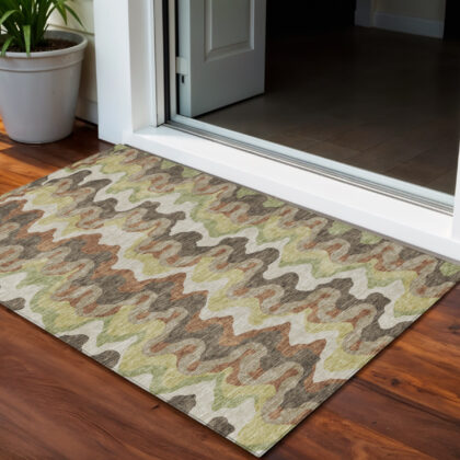 3' X 5' Chocolate Copper And Artichoke Green Abstract Washable Indoor Outdoor Area Rug