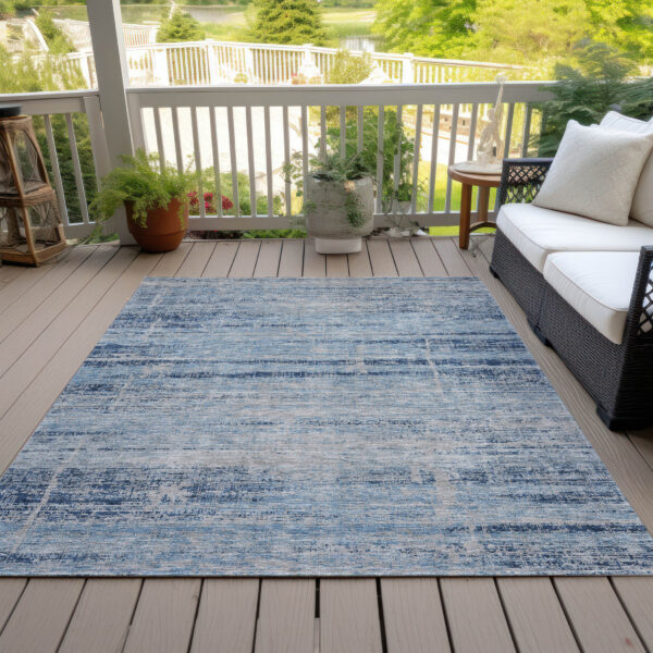 9' X 12' Sky Blue And Navy Blue Abstract Washable Indoor Outdoor Area Rug