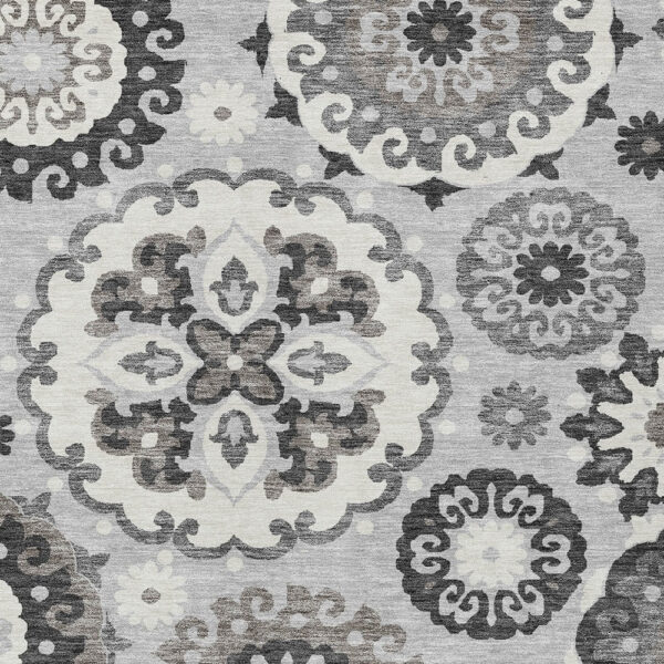 3' X 5' Silver Gray And Ivory Floral Medallion Washable Indoor Outdoor Area Rug