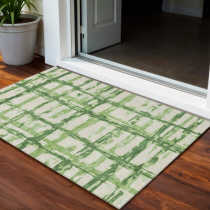 3' X 5' Artichoke Green And Emerald Striped Washable Indoor Outdoor Area Rug