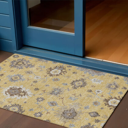 3' X 5' Gold Ivory And Brown Floral Washable Indoor Outdoor Area Rug