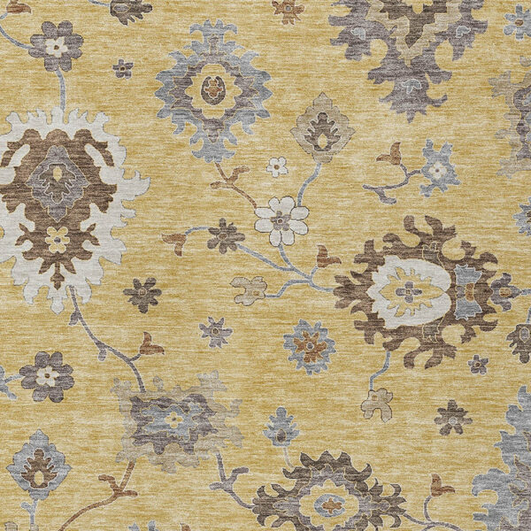 3' X 5' Gold Ivory And Brown Floral Washable Indoor Outdoor Area Rug