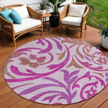 8' Lavender Blush And Purple Round Floral Washable Indoor Outdoor Area Rug