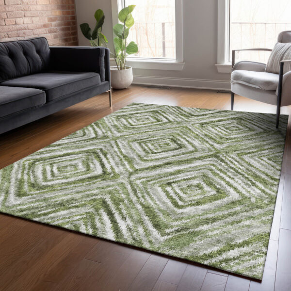 10' X 14' Artichoke Green Green And Sage Geometric Washable Indoor Outdoor Area Rug