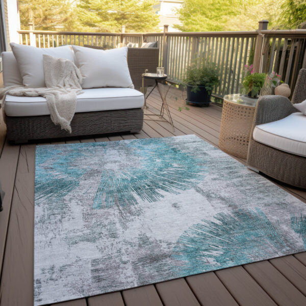 9' X 12' Teal Blue Aqua And Gray Abstract Washable Indoor Outdoor Area Rug