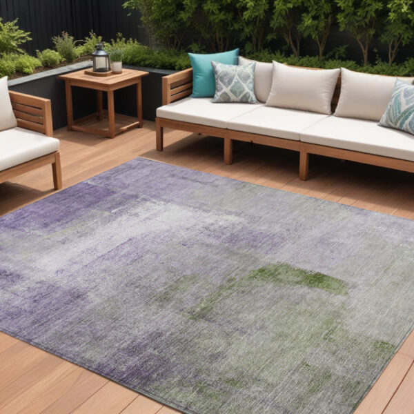 9' X 12' Purple Lavender And Green Abstract Washable Indoor Outdoor Area Rug