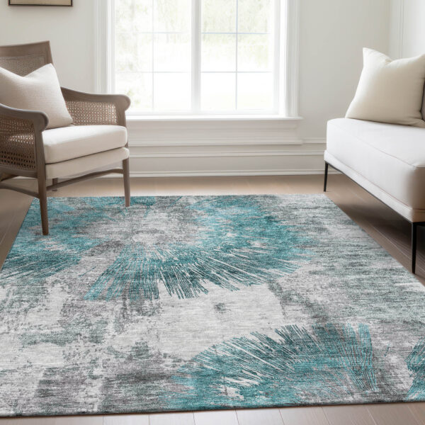 9' X 12' Teal Blue Aqua And Gray Abstract Washable Indoor Outdoor Area Rug