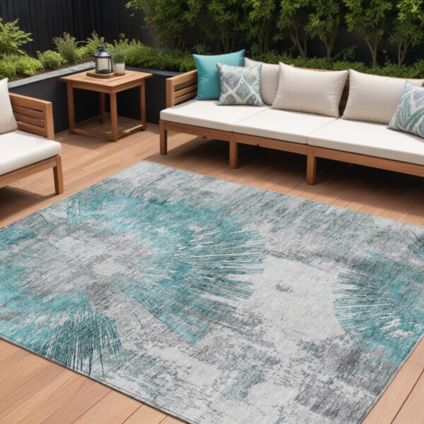 9' X 12' Teal Blue Aqua And Gray Abstract Washable Indoor Outdoor Area Rug
