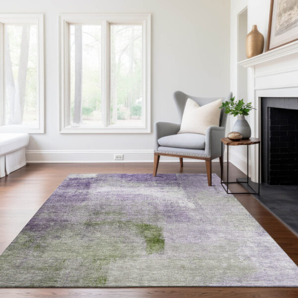 9' X 12' Purple Lavender And Green Abstract Washable Indoor Outdoor Area Rug