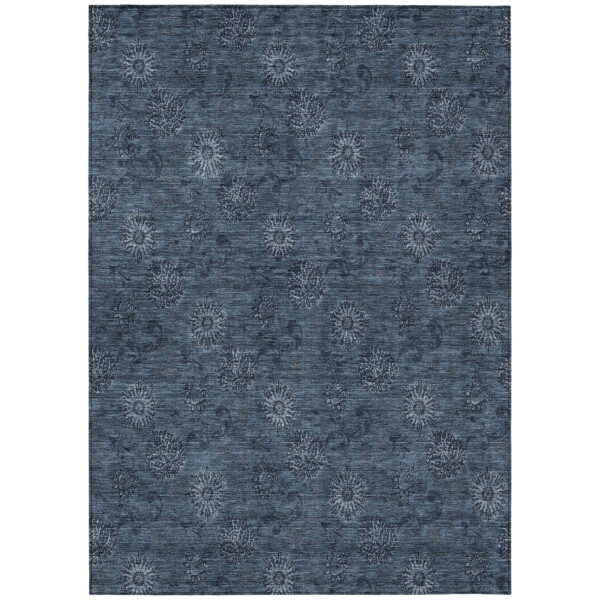 9' X 12' Blue And Navy Blue Floral Washable Indoor Outdoor Area Rug